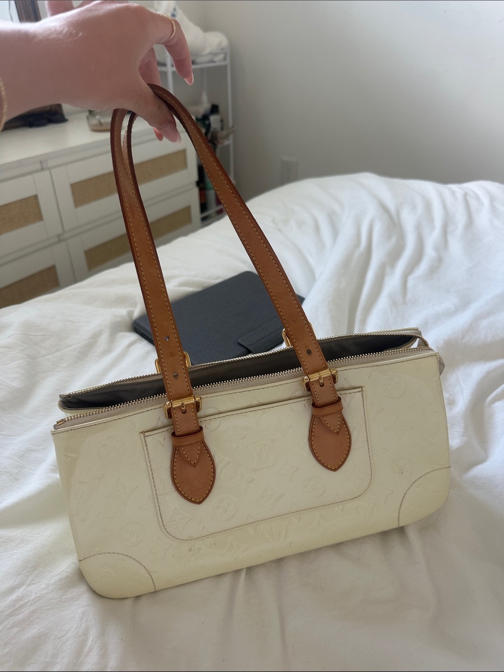 Leather-Trim Cream Shoulder Bag